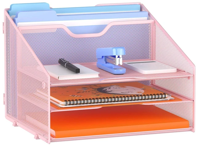 Main image of Letter Tray Organizer, Mesh Desk File Organizer with 3 Paper Trays and 2 Vertical Upright Section (Pink)