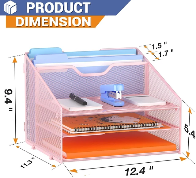 Alt view image 2 of 7 - Letter Tray Organizer, Mesh Desk File Organizer with 3 Paper Trays and 2 Vertical Upright Section (Pink)