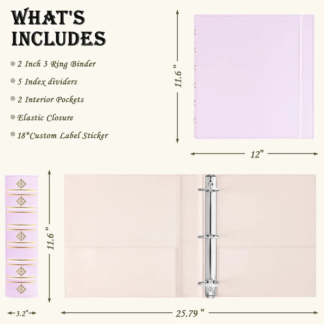 Alt view image 4 of 6 - Leather 3 Ring Binder 2 Inch, Vintage D Ring Binder with Pockets and 5 Tab Dividers, Hardback Book Style Document Organizer Fits Letter Size for Home and Office Pink