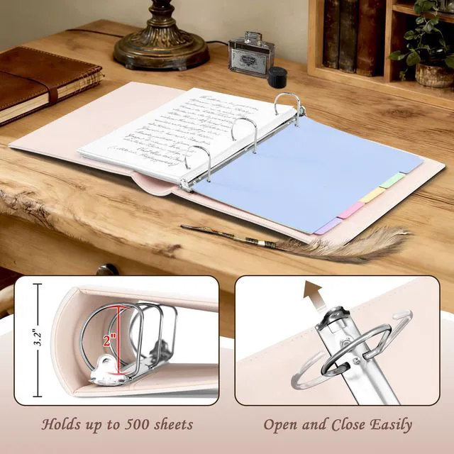 Alt view image 2 of 6 - Leather 3 Ring Binder 2 Inch, Vintage D Ring Binder with Pockets and 5 Tab Dividers, Hardback Book Style Document Organizer Fits Letter Size for Home and Office White