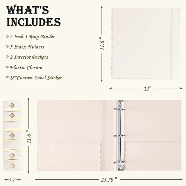 Alt view image 4 of 6 - Leather 3 Ring Binder 2 Inch, Vintage D Ring Binder with Pockets and 5 Tab Dividers, Hardback Book Style Document Organizer Fits Letter Size for Home and Office White