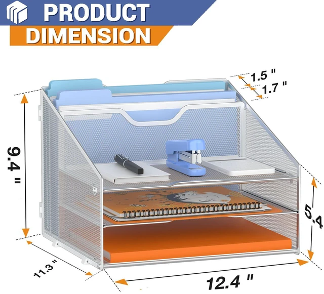 Alt view image 2 of 7 - Letter Tray Organizer, Mesh Desk File Organizer with 3 Paper Trays and 2 Vertical Upright Section (Silver)