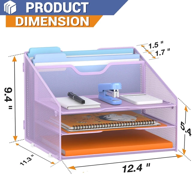 Alt view image 2 of 7 - Letter Tray Organizer, Mesh Desk File Organizer with 3 Paper Trays and 2 Vertical Upright Section (Purple)
