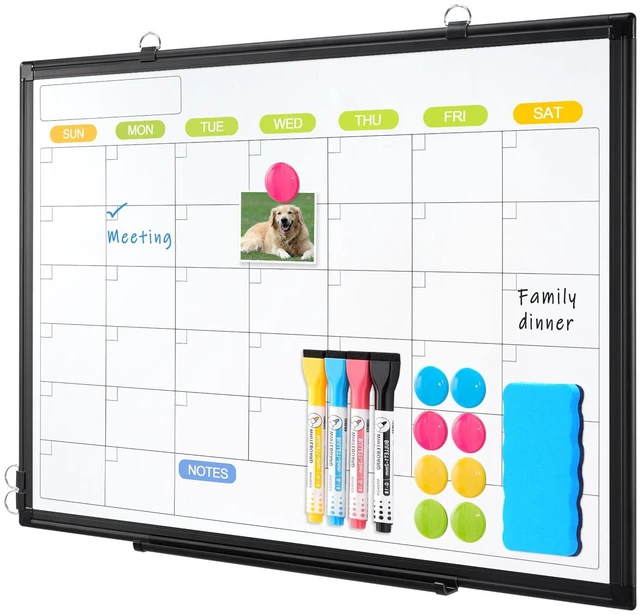 Main image of Dry Erase Calendar Whiteboard for Wall, 36" x 24" Monthly White Board Double-Sided Magnetic, Black Aluminum Frame, Hang Wall Mount, Portable Board for Home, Office, School