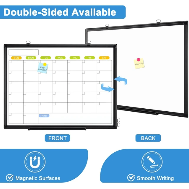 Alt view image 2 of 6 - Dry Erase Calendar Whiteboard for Wall, 36" x 24" Monthly White Board Double-Sided Magnetic, Black Aluminum Frame, Hang Wall Mount, Portable Board for Home, Office, School