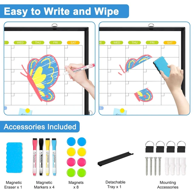 Alt view image 3 of 6 - Dry Erase Calendar Whiteboard for Wall, 36" x 24" Monthly White Board Double-Sided Magnetic, Black Aluminum Frame, Hang Wall Mount, Portable Board for Home, Office, School