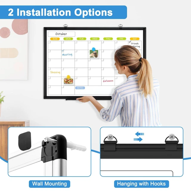Alt view image 4 of 6 - Dry Erase Calendar Whiteboard for Wall, 36" x 24" Monthly White Board Double-Sided Magnetic, Black Aluminum Frame, Hang Wall Mount, Portable Board for Home, Office, School