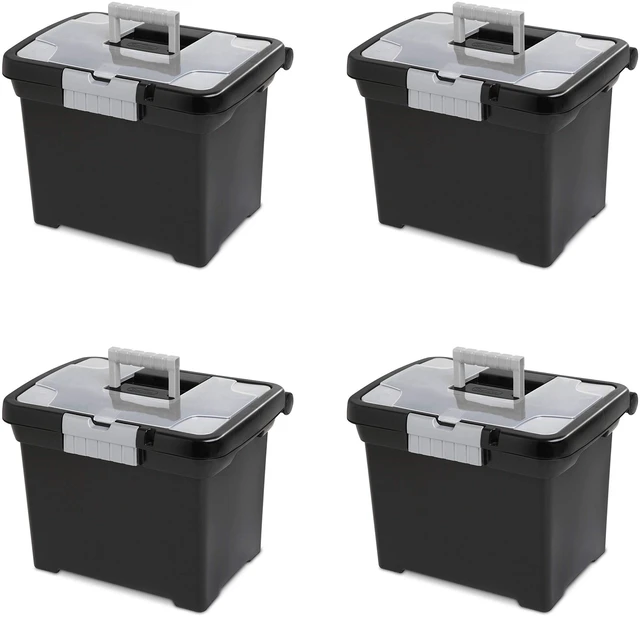 Main image of Portable File Box, Letter File Storage Bin with Handle, 4 Pack Heavy-Duty and Stackable Plastic Containers with Latches for Closet, Cabinet, Bedroom, Bathroom and Dorm Room Organization