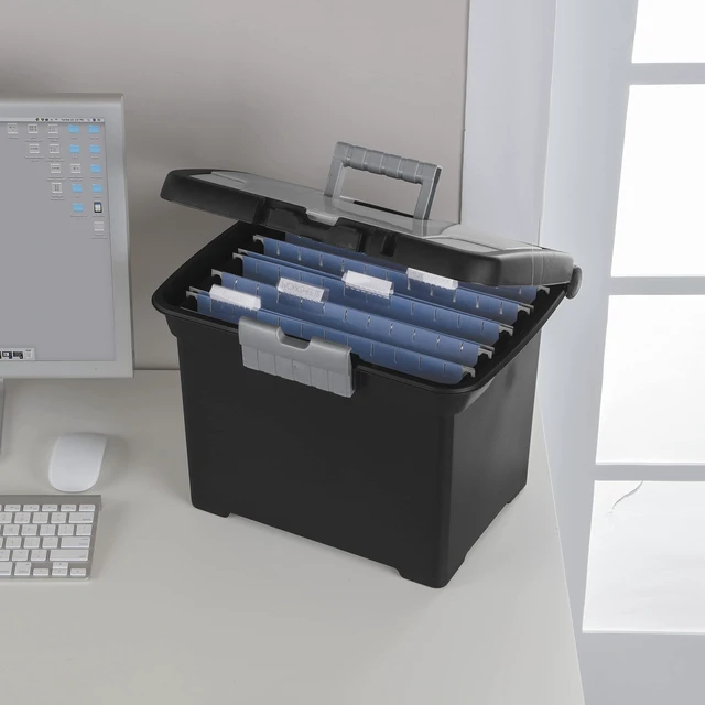Alt view image 3 of 7 - Portable File Box, Letter File Storage Bin with Handle, 4 Pack Heavy-Duty and Stackable Plastic Containers with Latches for Closet, Cabinet, Bedroom, Bathroom and Dorm Room Organization