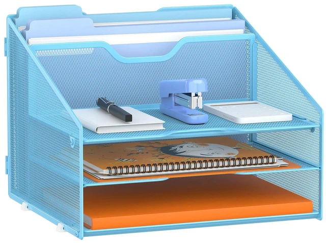 Main image of Letter Tray Organizer, Mesh Desk File Organizer with 3 Paper Trays and 2 Vertical Upright Section (Blue)