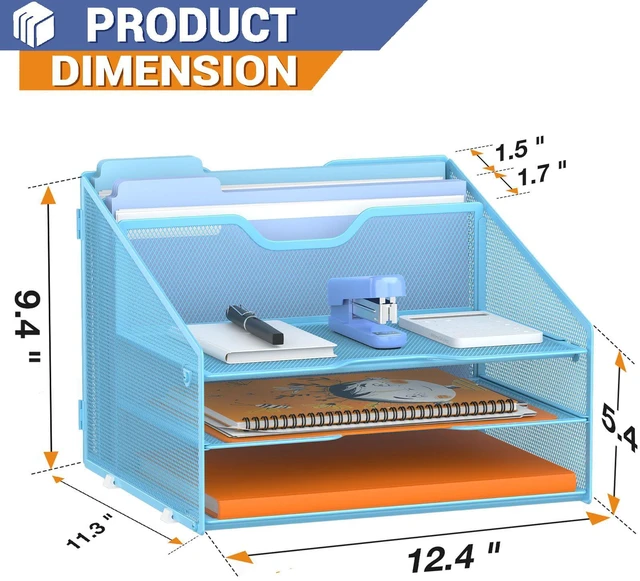 Alt view image 2 of 7 - Letter Tray Organizer, Mesh Desk File Organizer with 3 Paper Trays and 2 Vertical Upright Section (Blue)