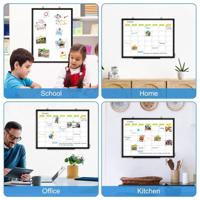 Alt view image 5 of 6 - Dry Erase Calendar Whiteboard for Wall, 36" x 24" Monthly White Board Double-Sided Magnetic, Black Aluminum Frame, Hang Wall Mount, Portable Board for Home, Office, School