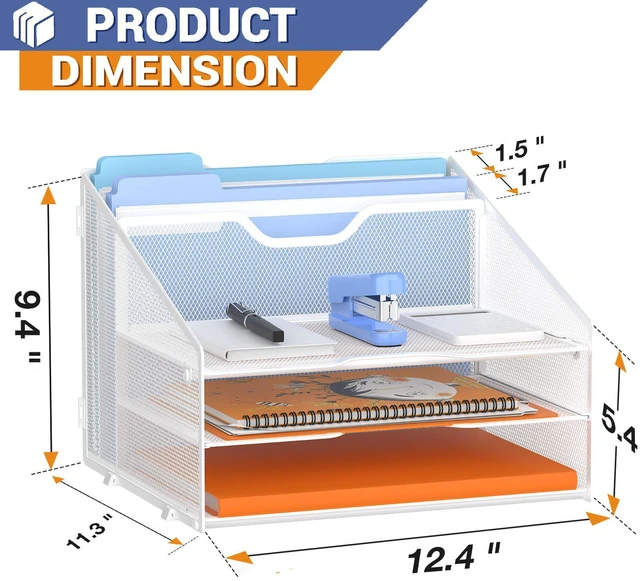 Alt view image 2 of 7 - Letter Tray Organizer, Mesh Desk File Organizer with 3 Paper Trays and 2 Vertical Upright Section (White)