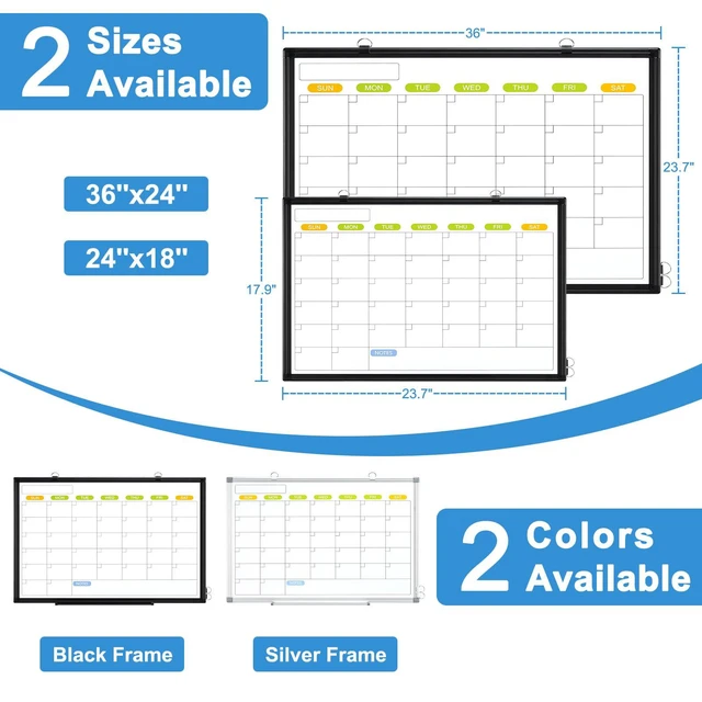 Alt view image 6 of 6 - Dry Erase Calendar Whiteboard for Wall, 36" x 24" Monthly White Board Double-Sided Magnetic, Black Aluminum Frame, Hang Wall Mount, Portable Board for Home, Office, School