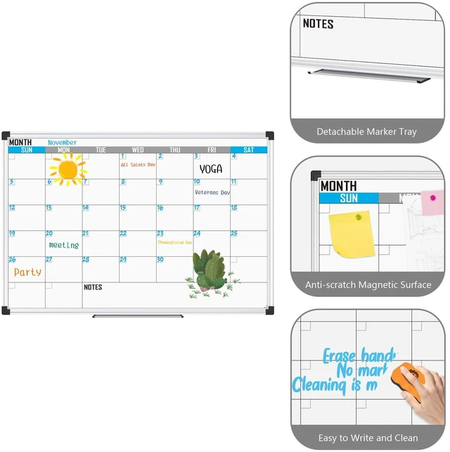 Alt view image 4 of 7 - XBoard Magnetic Calendar Whiteboard 36" x 24", Monthly Reusable Calendar Dry Erase Board with Silver Aluminium Framed for Home, School, Office