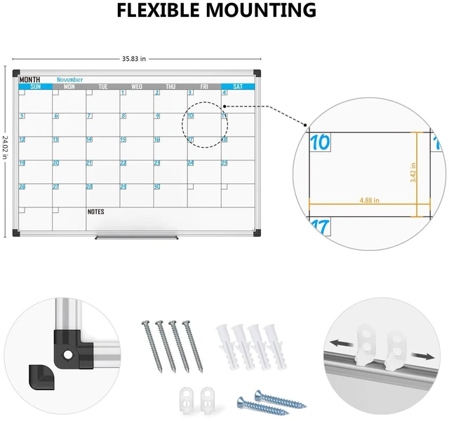 Alt view image 5 of 7 - XBoard Magnetic Calendar Whiteboard 36" x 24", Monthly Reusable Calendar Dry Erase Board with Silver Aluminium Framed for Home, School, Office
