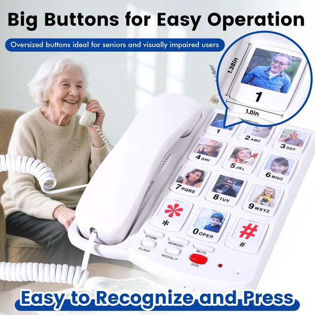 Alt view image 3 of 7 - Big Button Phone for Seniors, Corded Landline Telephone with Large Number Keys, 10 Picture Memory One-Touch Dial, Extra Loud Ringer, Easy to Use for Dementia/Alzheimer's & Visually Impaired Elderly
