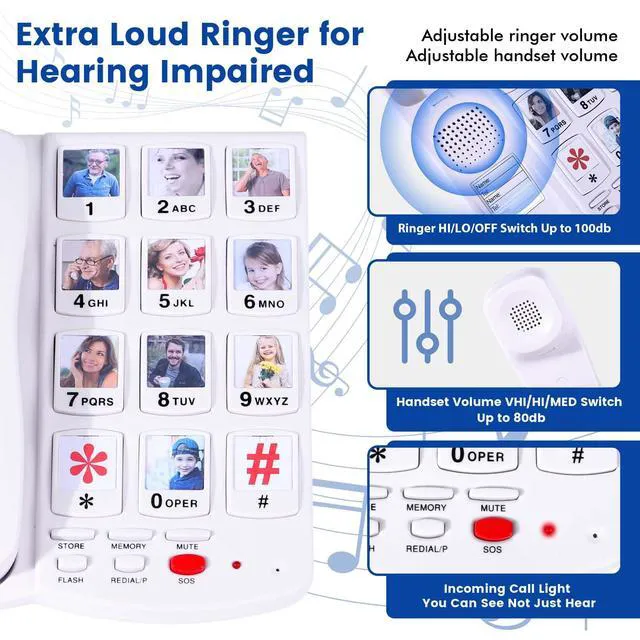 Alt view image 5 of 7 - Big Button Phone for Seniors, Corded Landline Telephone with Large Number Keys, 10 Picture Memory One-Touch Dial, Extra Loud Ringer, Easy to Use for Dementia/Alzheimer's & Visually Impaired Elderly