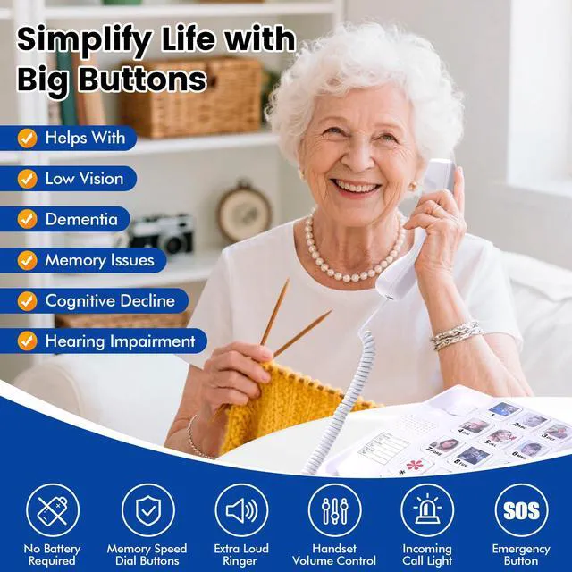 Alt view image 6 of 7 - Big Button Phone for Seniors, Corded Landline Telephone with Large Number Keys, 10 Picture Memory One-Touch Dial, Extra Loud Ringer, Easy to Use for Dementia/Alzheimer's & Visually Impaired Elderly