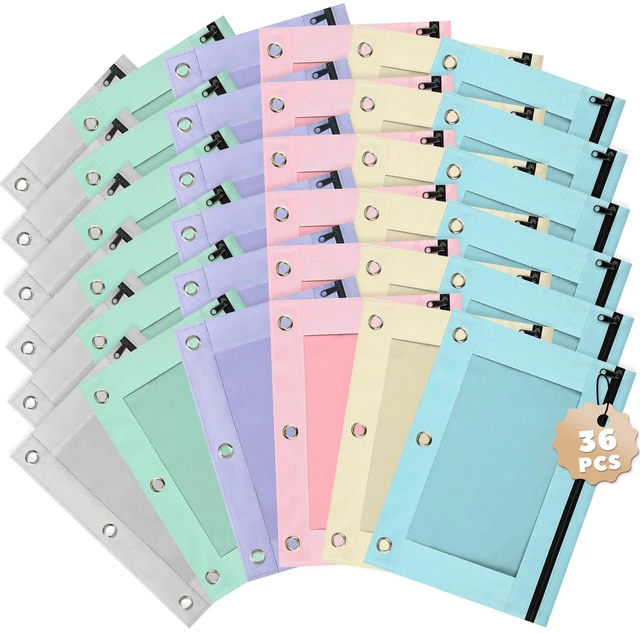 Main image of Pencil Pouch for 3 Ring Binder 36 Pack, Pastel Binder Pen Bags Bulk with Zipper, Aesthetic 3 Holes Pencil Pouches Organizer for Boy Girl Kids School Student, Reinforced Grommets & Clear Window