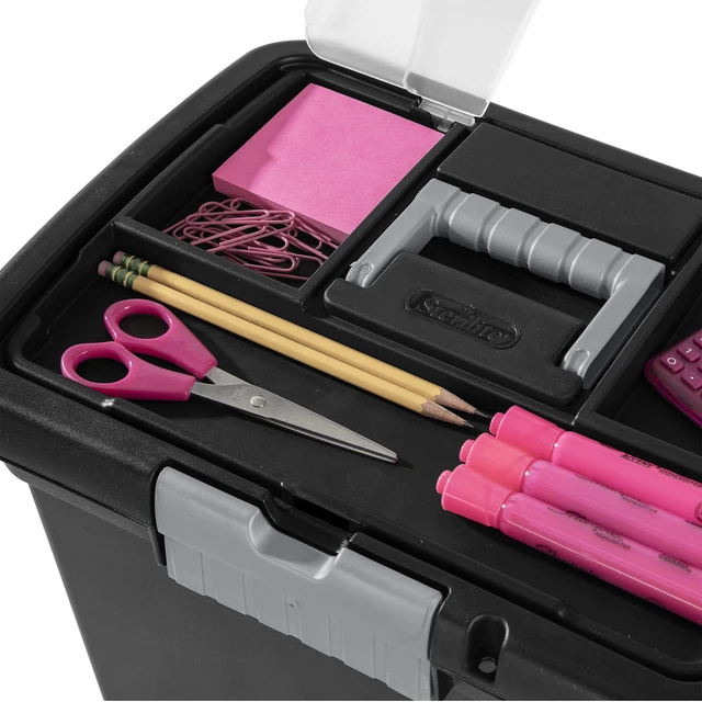 Alt view image 7 of 7 - Portable File Box, Letter File Storage Bin with Handle, 4 Pack Heavy-Duty and Stackable Plastic Containers with Latches for Closet, Cabinet, Bedroom, Bathroom and Dorm Room Organization
