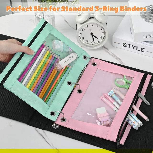 Alt view image 4 of 7 - Pencil Pouch for 3 Ring Binder 36 Pack, Pastel Binder Pen Bags Bulk with Zipper, Aesthetic 3 Holes Pencil Pouches Organizer for Boy Girl Kids School Student, Reinforced Grommets & Clear Window