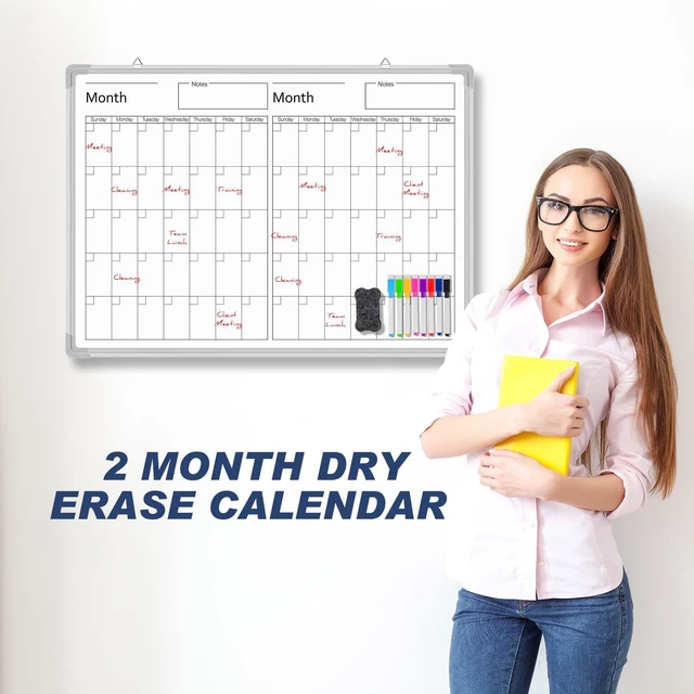 Alt view image 3 of 6 - 24" x 18" Magnetic Horizontal 2 Month Dry Erase Calendar for Fridge Wall Undated Horizontal Dry Erase Wall Calendar Planner Aluminum Frame Whiteboard for Home Office Projects