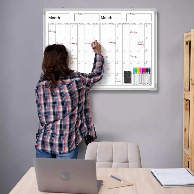 Alt view image 6 of 6 - 24" x 18" Magnetic Horizontal 2 Month Dry Erase Calendar for Fridge Wall Undated Horizontal Dry Erase Wall Calendar Planner Aluminum Frame Whiteboard for Home Office Projects