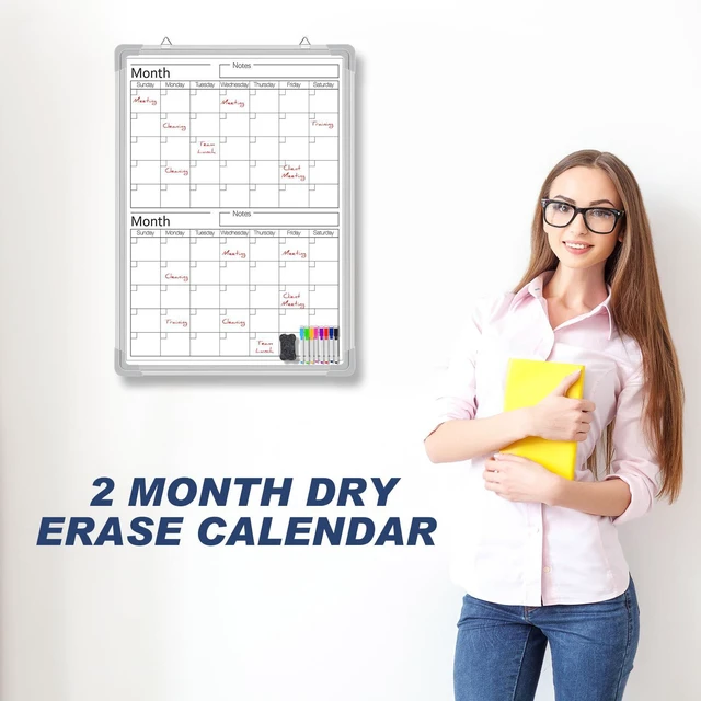 Alt view image 3 of 6 - 24" x 18" Vertical 2 Month Whiteboard Calendar Dry Erase for Wall Magnetic Planner for Fridge, Undated Planning, Aluminum Frame, Markers Included, for Home Office Projects