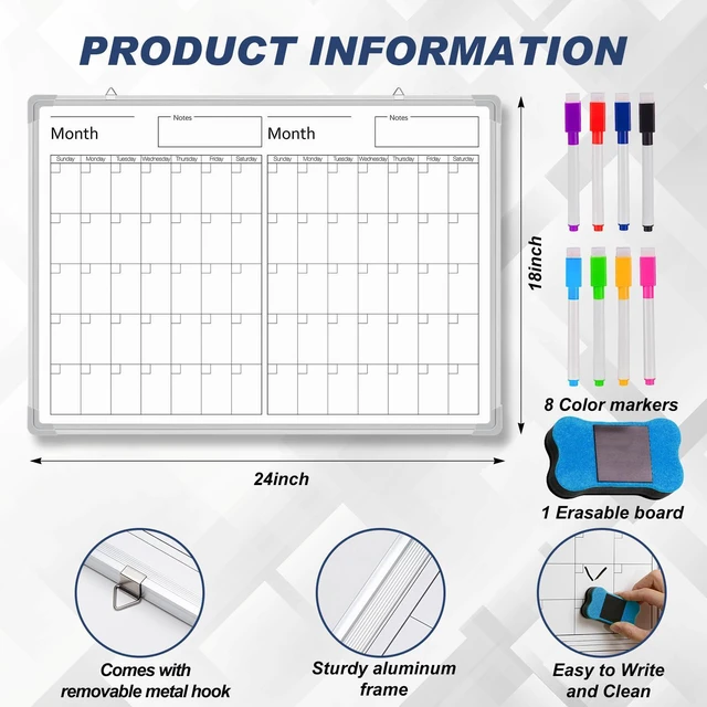 Alt view image 2 of 6 - 24" x 18" Magnetic Horizontal 2 Month Dry Erase Calendar for Fridge Wall Undated Horizontal Dry Erase Wall Calendar Planner Aluminum Frame Whiteboard for Home Office Projects