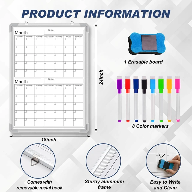 Alt view image 2 of 6 - 24" x 18" Vertical 2 Month Whiteboard Calendar Dry Erase for Wall Magnetic Planner for Fridge, Undated Planning, Aluminum Frame, Markers Included, for Home Office Projects
