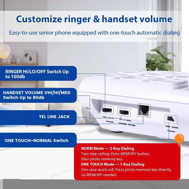 Alt view image 7 of 7 - Big Button Phone for Seniors, Corded Landline Telephone with Large Number Keys, 10 Picture Memory One-Touch Dial, Extra Loud Ringer, Easy to Use for Dementia/Alzheimer's & Visually Impaired Elderly