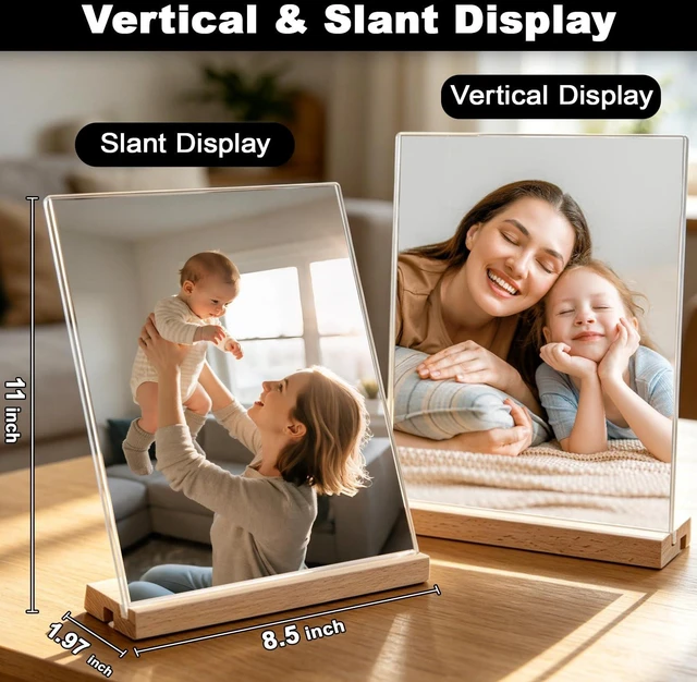 Alt view image 2 of 7 - Acrylic Sign Holder 8.5x11 with Wood Base | 3 Packs Acrylic Sign Display Stand, 2 in 1 Vertical or Slant Clear Tabletop Flyer Menu Holder, Plastic Picture Frame for Store, Office, Vendor, Party