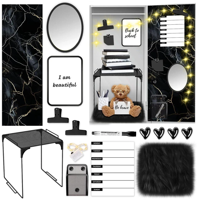Main image of Black Locker Accessories Kit with Locker Magnetic Wallpaper Magnetic Shelf Whiteboard Mirror Rug Pen Holder Clips Planner School Locker Accessories Organization Set for Back to School