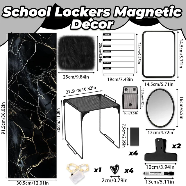 Alt view image 2 of 7 - Black Locker Accessories Kit with Locker Magnetic Wallpaper Magnetic Shelf Whiteboard Mirror Rug Pen Holder Clips Planner School Locker Accessories Organization Set for Back to School