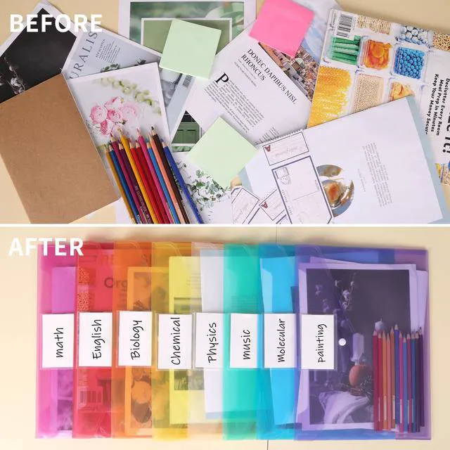 Alt view image 4 of 7 - 48pcs Plastic Envelopes Poly Envelopes, Clear Document Folders with Snap Button Closure, Letter Size, A4 Size with Label Pocket for School Home Work Office Organization, 8 Colors