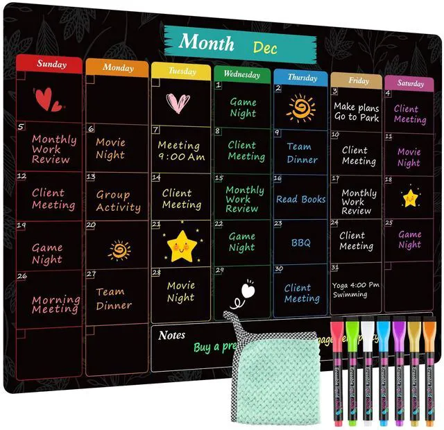 Main image of Magnetic Calendar for Fridge, 16" X 12" Black Monthly Chalkboard Strong Magnetic Backing, Easy to Write and Clean, Dry Erase Surface and Stain Resistant with 7 Markers,1 Eraser and 1 Cloth