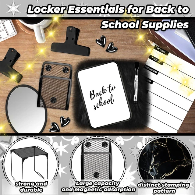 Alt view image 3 of 7 - Black Locker Accessories Kit with Locker Magnetic Wallpaper Magnetic Shelf Whiteboard Mirror Rug Pen Holder Clips Planner School Locker Accessories Organization Set for Back to School