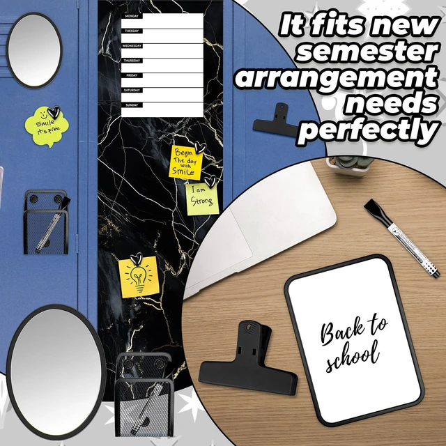 Alt view image 5 of 7 - Black Locker Accessories Kit with Locker Magnetic Wallpaper Magnetic Shelf Whiteboard Mirror Rug Pen Holder Clips Planner School Locker Accessories Organization Set for Back to School
