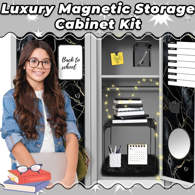 Alt view image 6 of 7 - Black Locker Accessories Kit with Locker Magnetic Wallpaper Magnetic Shelf Whiteboard Mirror Rug Pen Holder Clips Planner School Locker Accessories Organization Set for Back to School