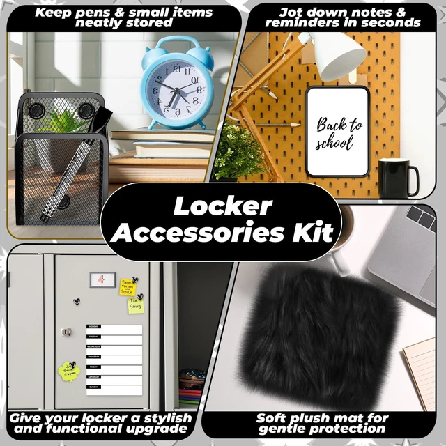 Alt view image 7 of 7 - Black Locker Accessories Kit with Locker Magnetic Wallpaper Magnetic Shelf Whiteboard Mirror Rug Pen Holder Clips Planner School Locker Accessories Organization Set for Back to School