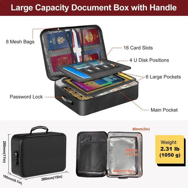 Alt view image 5 of 7 - Fireproof Document Organizer Box with Lock for Important Documents 8 Layers File Organizer, 5200°F Fire & Water-Resistant, Portable Home Travel Safe Storage, 15"x11"x4.1", Black, Soft
