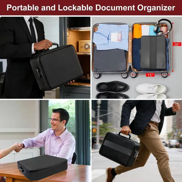 Alt view image 7 of 7 - Fireproof Document Organizer Box with Lock for Important Documents 8 Layers File Organizer, 5200°F Fire & Water-Resistant, Portable Home Travel Safe Storage, 15"x11"x4.1", Black, Soft