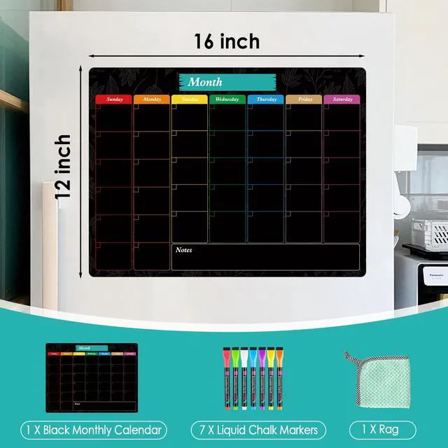 Alt view image 4 of 7 - Magnetic Calendar for Fridge, 16" X 12" Black Monthly Chalkboard Strong Magnetic Backing, Easy to Write and Clean, Dry Erase Surface and Stain Resistant with 7 Markers,1 Eraser and 1 Cloth