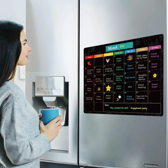 Alt view image 6 of 7 - Magnetic Calendar for Fridge, 16" X 12" Black Monthly Chalkboard Strong Magnetic Backing, Easy to Write and Clean, Dry Erase Surface and Stain Resistant with 7 Markers,1 Eraser and 1 Cloth