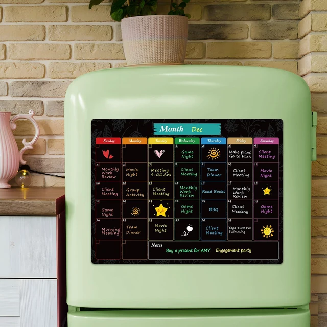 Alt view image 5 of 7 - Magnetic Calendar for Fridge, 16" X 12" Black Monthly Chalkboard Strong Magnetic Backing, Easy to Write and Clean, Dry Erase Surface and Stain Resistant with 7 Markers,1 Eraser and 1 Cloth