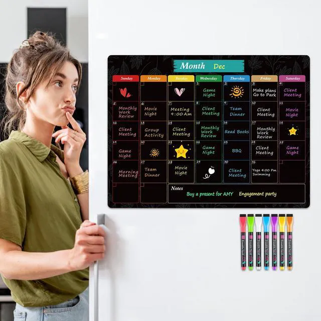 Alt view image 7 of 7 - Magnetic Calendar for Fridge, 16" X 12" Black Monthly Chalkboard Strong Magnetic Backing, Easy to Write and Clean, Dry Erase Surface and Stain Resistant with 7 Markers,1 Eraser and 1 Cloth