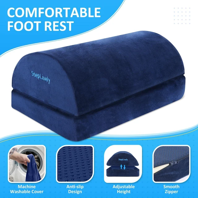 Alt view image 2 of 6 - Foot Rest for Under Desk at Work, 2 Heights Foot Stool, Blue Comfortable Office Desk Accessories with 2 Adjustable Heights, Washable Cover, Footrest for Office, Home and Car Foot Support
