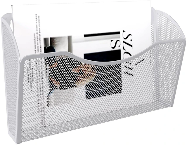 Alt view image 3 of 7 - Wall File Organizer, Metal Mesh Hanging File Folder Holder for Letter/A4 Size Folders, Vertical Wall Mount Mail Sorter for Office Paperwork, Classroom, White