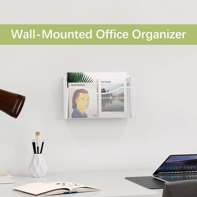 Alt view image 4 of 7 - Wall File Organizer, Metal Mesh Hanging File Folder Holder for Letter/A4 Size Folders, Vertical Wall Mount Mail Sorter for Office Paperwork, Classroom, White